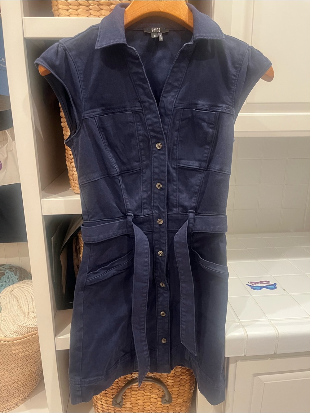 PAIGE Navy Button-Front Utility Dress with Waist Tie